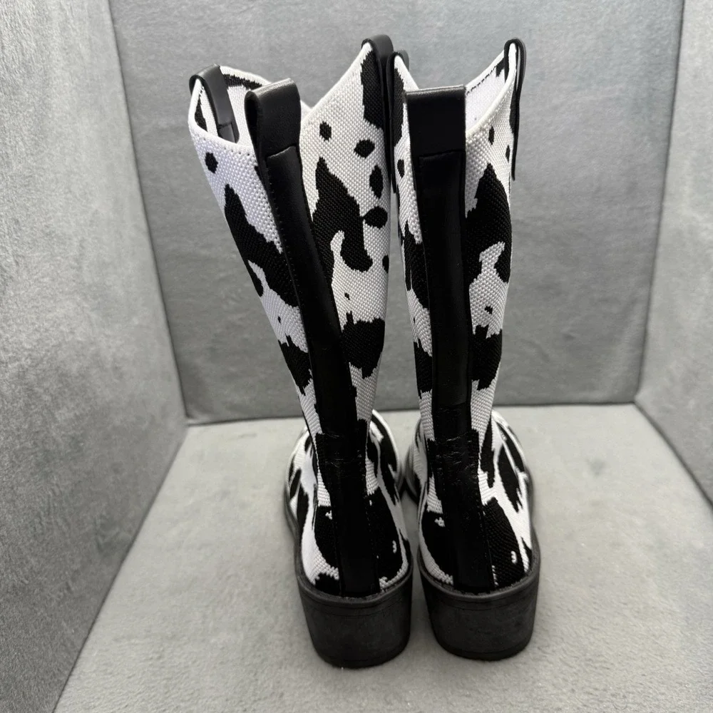Women's Cow Print Knit Ankle Boots Size 40 Black White Block Heel Western